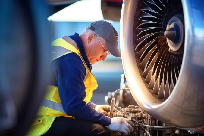 Funcionário realizando inspeção de turbina Funcionário realizando inspeção de turbina